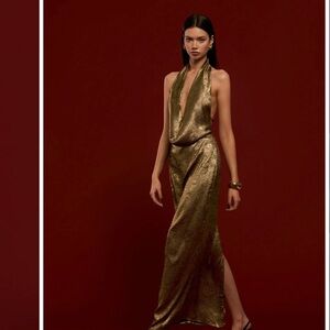 Gold formal dress with open back, halter neck
